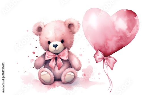 Teddy bear with heart-shaped balloon. Watercolor illustration.