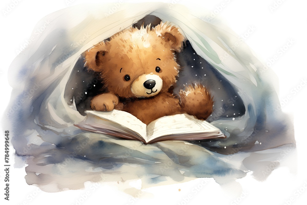Naklejka premium Cute teddy bear reading a book. Watercolor illustration.