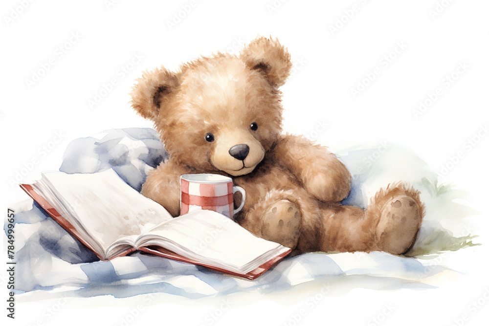 Watercolor illustration of a teddy bear with a cup of coffee and a book. Watercolor illustration of a teddy bear with a cup of coffee and a book.