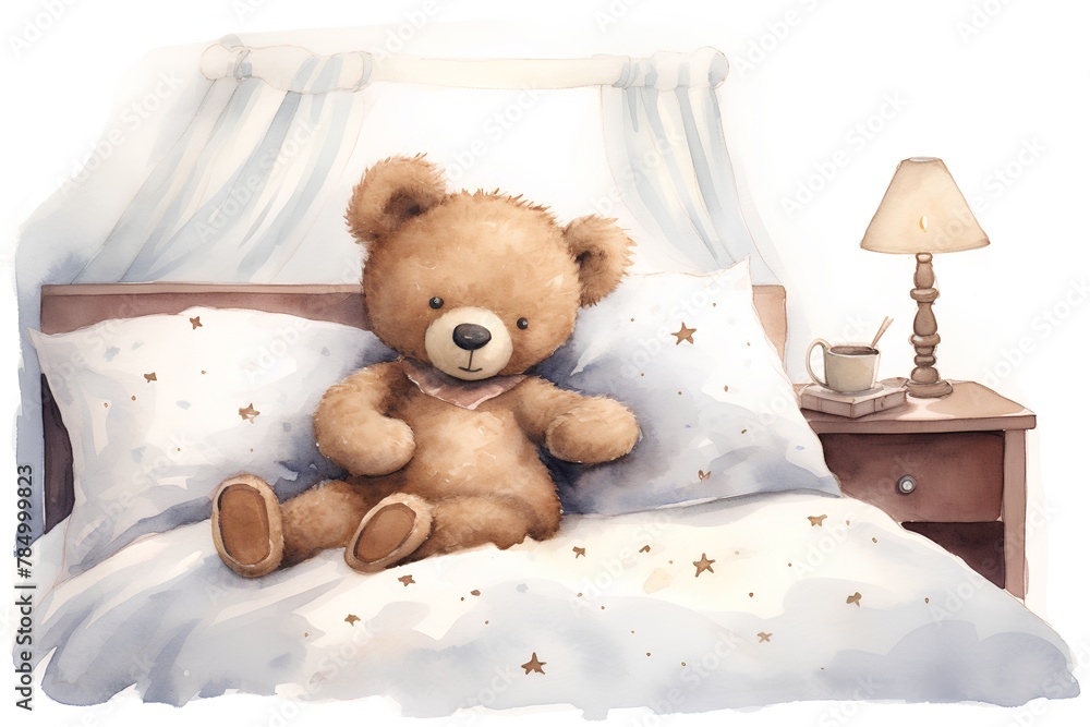 Watercolor illustration of a cute teddy bear sitting on the bed