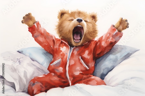 Watercolor illustration of a teddy bear in a red pajamas. photo