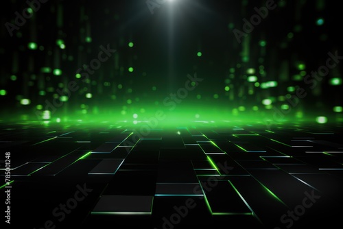 Abstract glowing light green bokeh on a black background with empty space for product presentation, in the style of vector illustration design