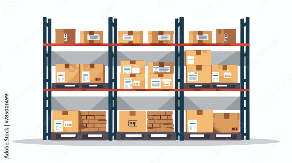 Stocked warehouse shelves and cardboard boxes on palle