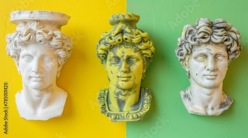 Ancient classical marble gypsum stoic, roman, greek bust, busts head sculpture against a colored background representing historical figures 