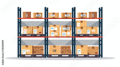 Stocked warehouse shelves and cardboard boxes on palle photo