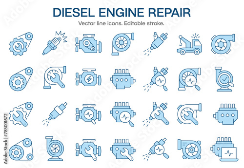 Diesel engine repair icons  such as turbocharger  fuel injector  turbine  spark plug and more. Vector illustration isolated on white. Editable stroke.