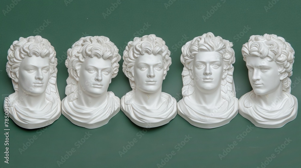 Ancient classical marble gypsum stoic, roman, greek bust, busts head sculpture against a colored background representing historical figures 
