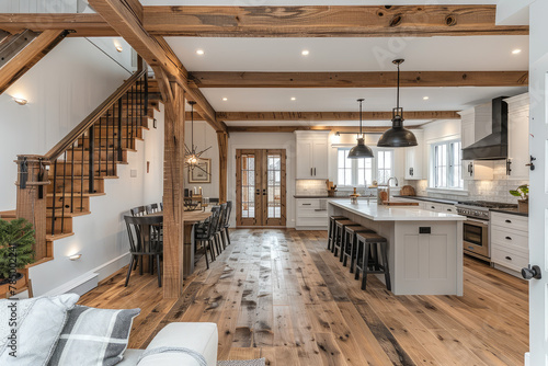 An interior shot of the kitchen and living room as one space with rustic beams, white walls, and wooden floorboards in the style of a modern farmhouse style home in Canada. Created with Ai photo