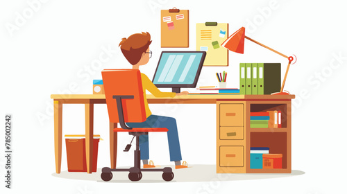 Student boy sitting at home office desk doing school 