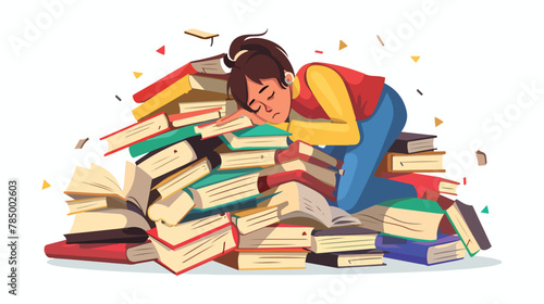 Student stress. Studying pupil buried under a pile 