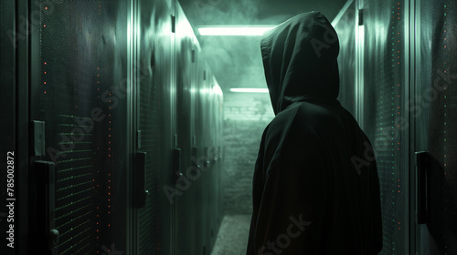 A digital lock being hacked by a shadow figure in the middle of the corridor
