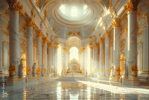 A majestic white and gold throne room with towering columns, intricate carvings, and a grand hall that shines under the soft glow of natural light. Created with Ai