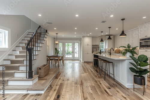 A photo of the interior of an open concept modern farmhouse in Washington DC, with white walls and light wood floors. A kitchen island is centered on one side. Created with Ai © Image Innovate