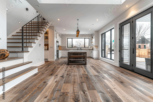 Wide angle photo of modern rustic style home interior with hardwood floor, kitchen and stairs in the background, white walls, black steel details, large windows on one side showing backyard.  © Image Innovate