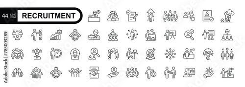 Recruitment web icons in line style. Headhunting, career, resume, work group, candidate, job hiring, collection. Vector illustration.