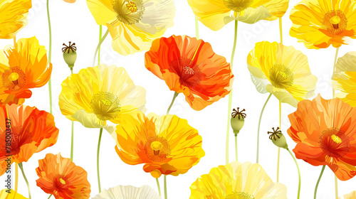 Vibrant seamless design of sunny poppies in yellow and orange.