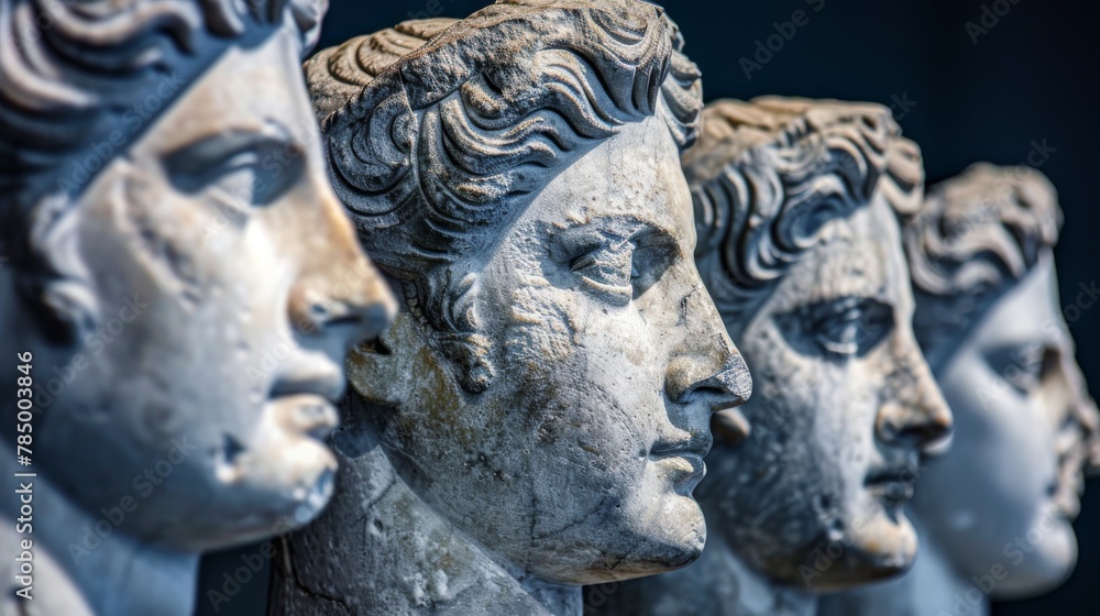 Ancient classical marble gypsum stoic, roman, greek bust, busts head sculpture against a colored background representing historical figures 