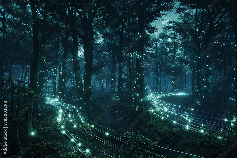 A dense forest at night, lit only by a network of fiber optic cables ...