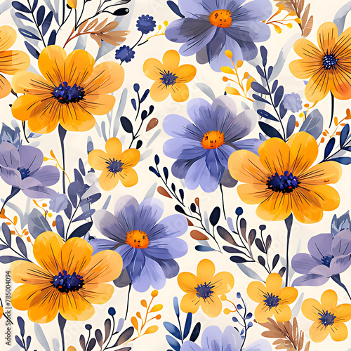 Spring Flowers Lavender Yellow Colorful Seamless Pattern