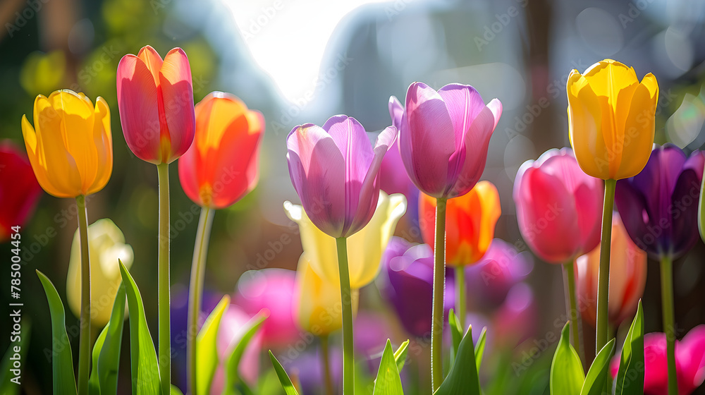 Close-up of colorful tulips on a sunny day, perfect for nature and gardening enthusiasts.