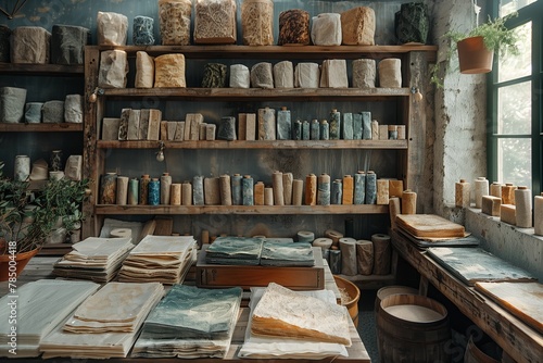 Rustic bookbinding workshop interior