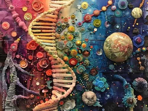 Mixed Media Art: Exploring the Frontiers of Biotechnology - A Journey into the Intricate Realm of Genetic Code and Cellular Processes photo