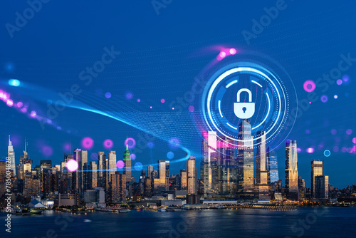 New York City skyline at twilight with a holographic security lock icon display. Digital and cyber security concept with a cityscape background. Double exposure