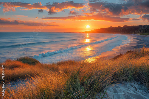 A breathtaking sunset over the beach  casting warm hues across sand dunes and waves in New Zealand s south island. Created with Ai