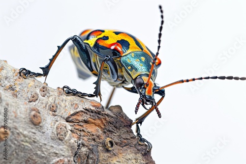 Mystic portrait of Harlequin Beetle on root in studio, The insect's back is visible, copy space on right side, Headshot, Close-up View,  photo