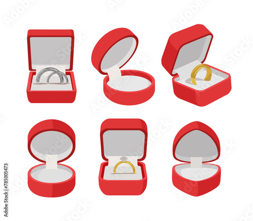 Collection of red gift box jewelry, vector set of packages various shapes for jewellery present, open cases with rings