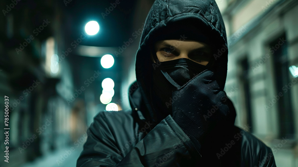 A man in a black jacket and a black robber mask adjusts his hood on a dark street.