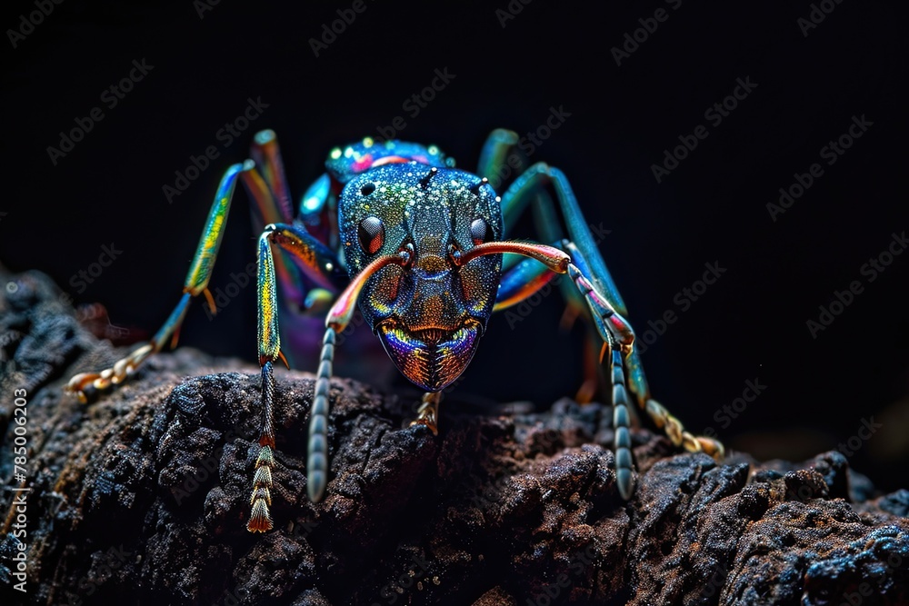 Fototapeta premium Mystic portrait of Iridescent Ant on root in studio, The insect's back is visible, full body shot, Close-up View, 