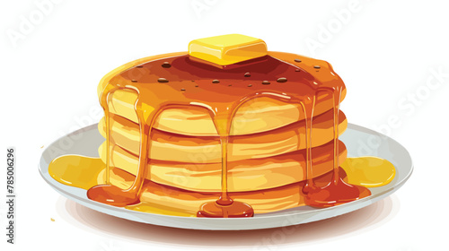 A stack of pancakes with butter and maple syrup steam