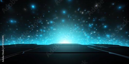 Abstract glowing light sky blue bokeh on a black background with empty space for product presentation, in the style of vector illustration design 