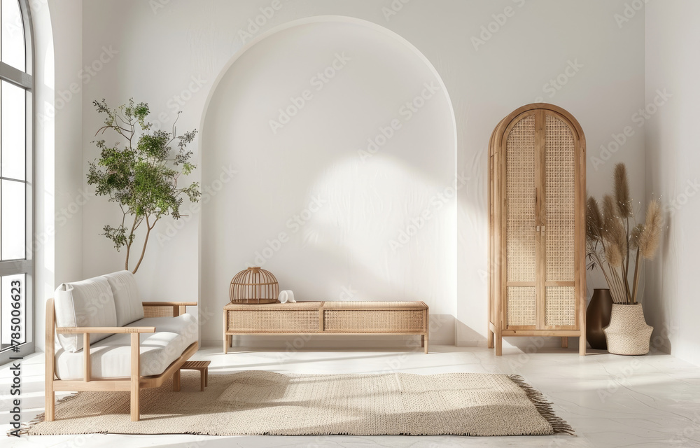 A living room with white walls, wooden furniture and an arched window ...