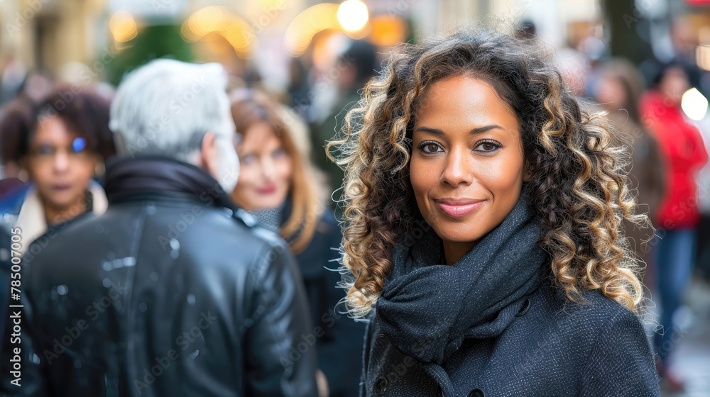 A woman with curly hair is smiling in a crowd of people