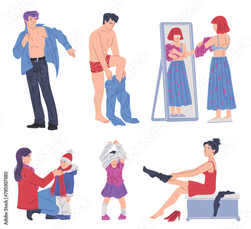 Dressing men and women put on and change clothes set vector illustrations