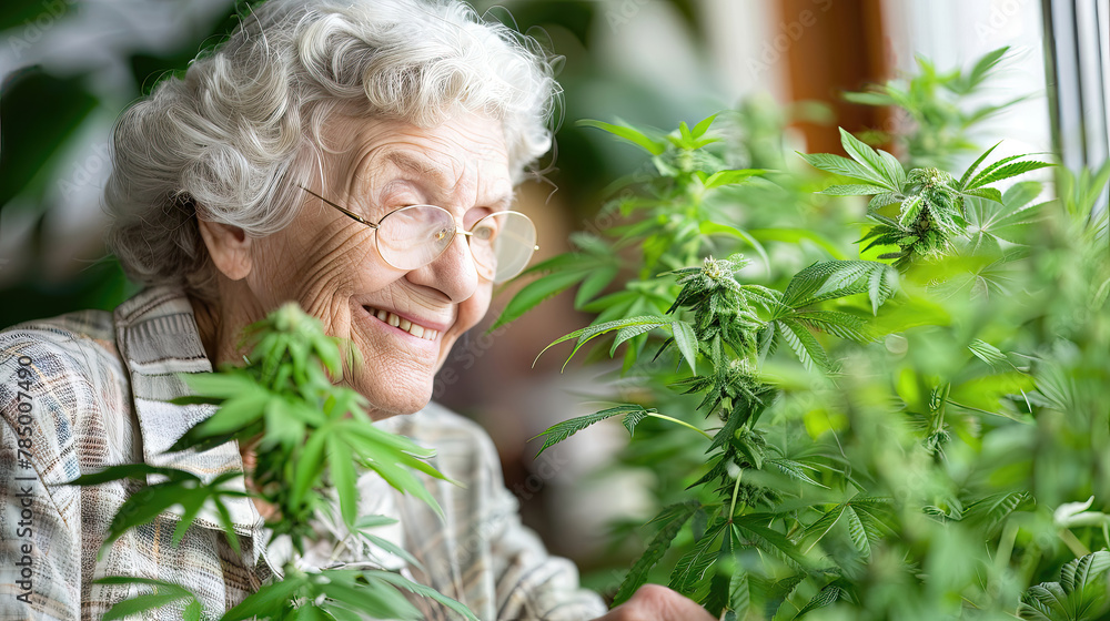 An elderly woman is smiling at a plant with green leaves An elderly woman is smiling at a plant with green leaves