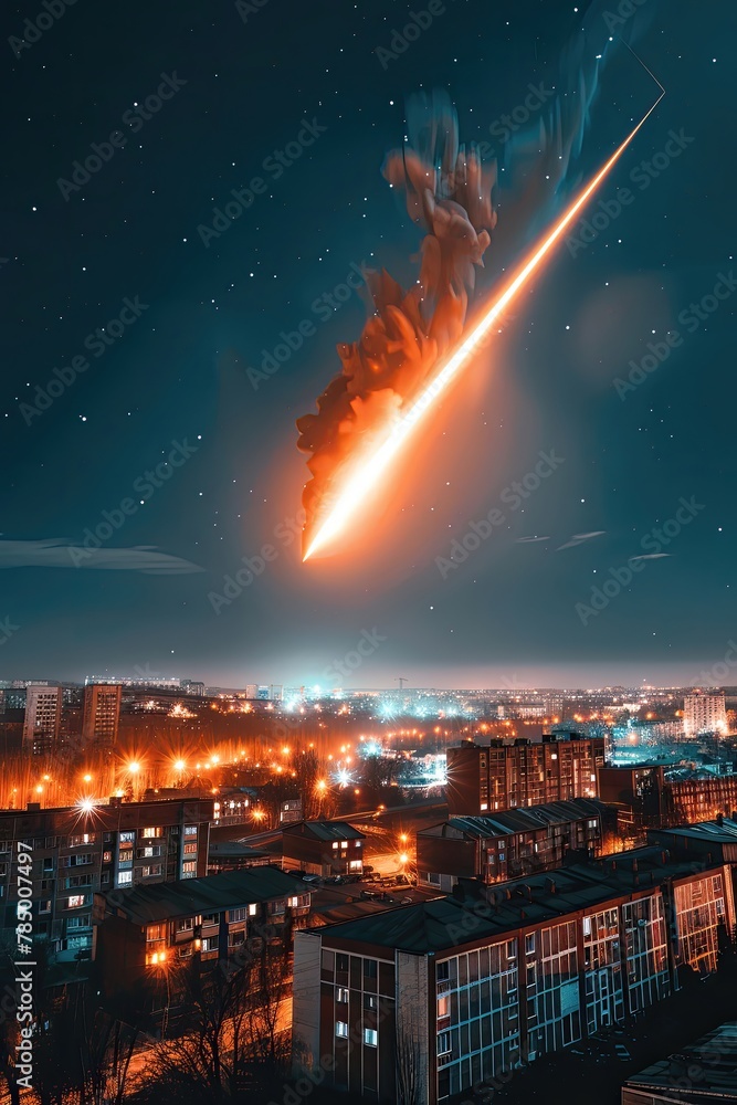 Obraz premium A city skyline with a bright orange streak of fire shooting through the sky