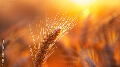 golden wheat stalk, golden ears of wheat in an agricultural field at sunset