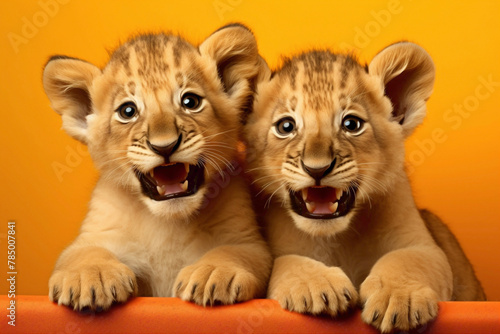 Imagine the cuteness overload as two joyous lion cubs  suited up  frolic against a vibrant orange background.