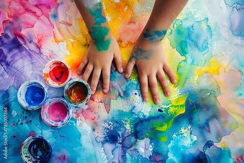 Child's hands covered in colorful paint photo