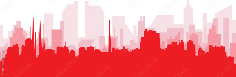 Red panoramic city skyline poster with reddish misty transparent background buildings of MARACAIBO, VENEZUELA