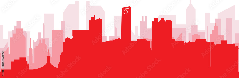 Red panoramic city skyline poster with reddish misty transparent background buildings of BARQUISIMETO, VENEZUELA