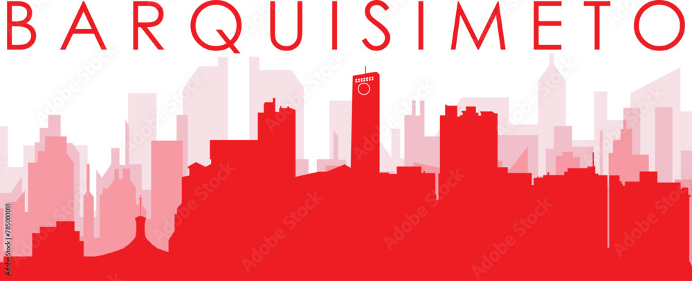 Red panoramic city skyline poster with reddish misty transparent background buildings of BARQUISIMETO, VENEZUELA