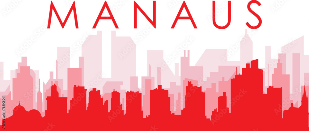 Red panoramic city skyline poster with reddish misty transparent background buildings of MANAUS, BRAZIL
