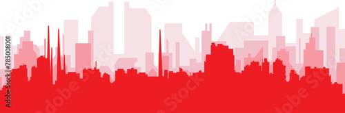 Red panoramic city skyline poster with reddish misty transparent background buildings of MARACAIBO  VENEZUELA