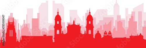 Red panoramic city skyline poster with reddish misty transparent background buildings of BOGOTA  COLOMBIA