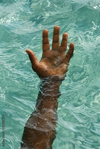 A hand is raised in the water, with the fingers spread out