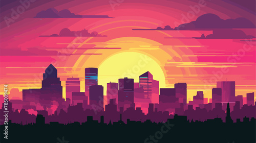 A vibrant sunset over a city skyline with buildings